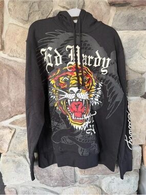 Ed Hardy Black Hoodie with Multicolor Tiger Graphic